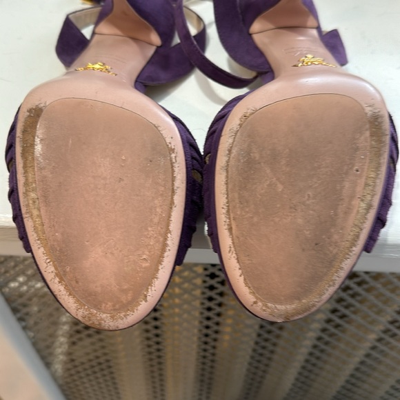Prada Dark Purple Suede Ankle Strap Sandals with Gold Trim - Picture 4 of 6